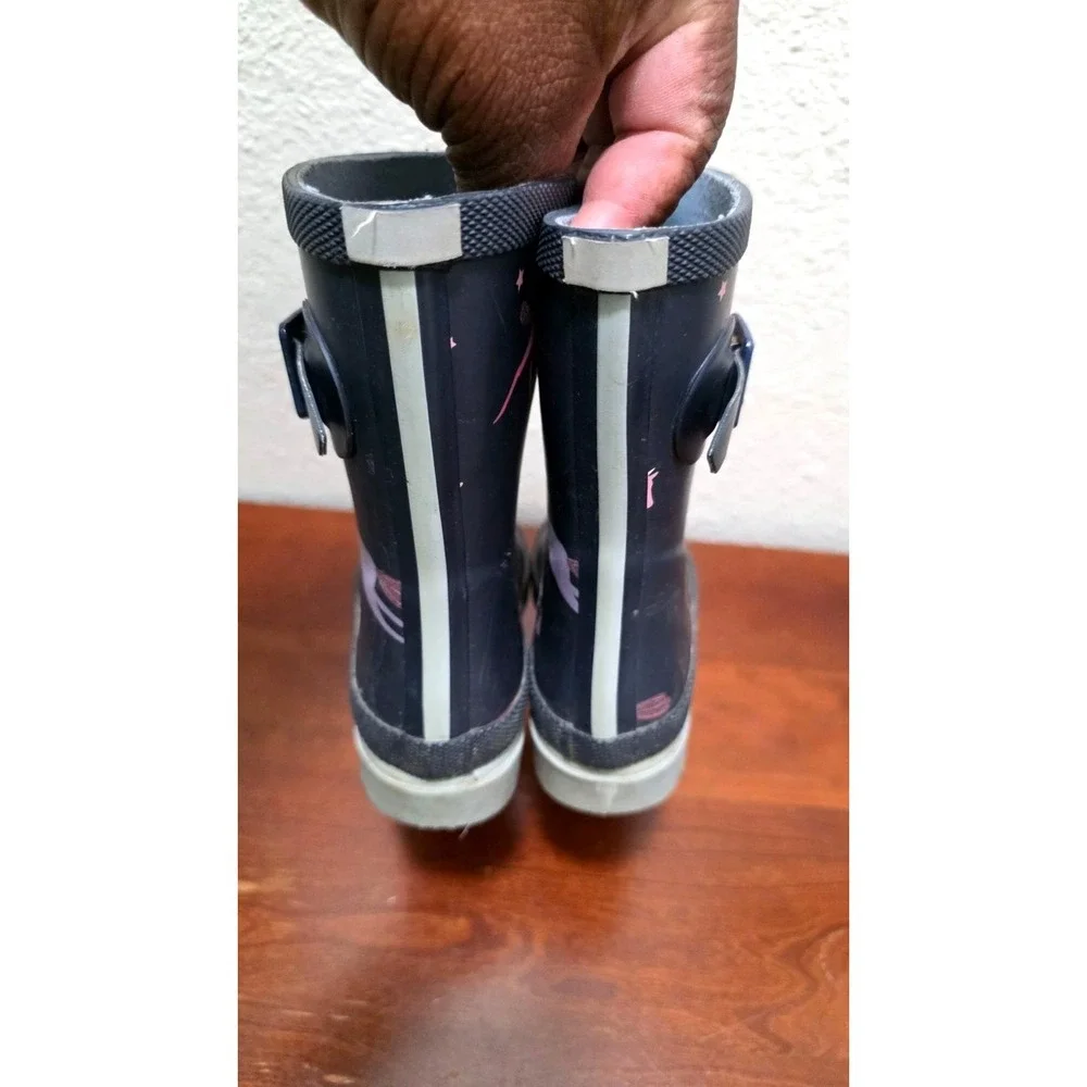 Joules Kids Navy Rain Boots With Pink Unicorn Print & Buckle Detail Size 9